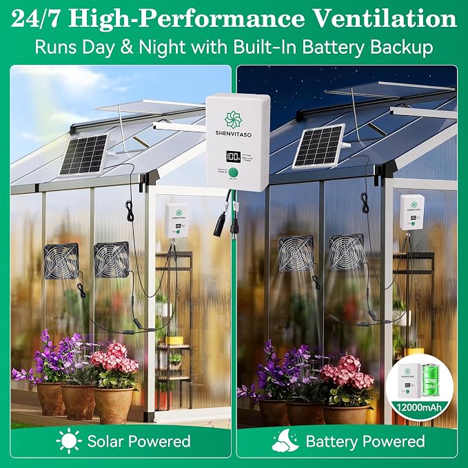 Solar Powered Exhaust Fan with Battery, 25W Solar Panel Dual 5.5 Inch Fans, 450 CFM IPX7 Waterproof Solar Ventilation Fan Kit for Chicken Coop, Greenhouse, Shed, Garage, Dog House