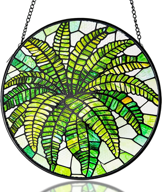 Plant Suncatcher Glass, Stained Glass Suncatcher Plant Window Hanging, Unique Nature Lover Gifts Leaf (Green Fern)