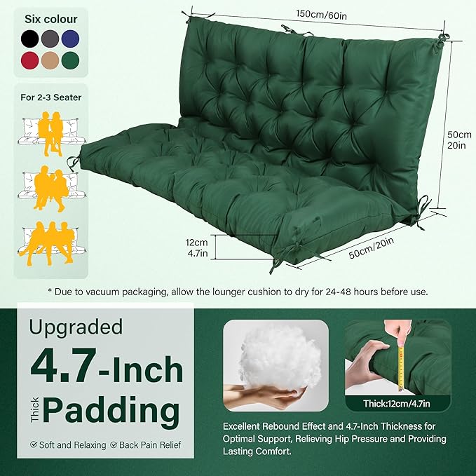Waterproof Porch Swing Cushions 60 Inch,2 3-Seater Replacement for Outdoor Furniture with Backrest and Straps, Thick 4" Swing Seat Bench Cushion for Loveseat Glider Bench Patio Lawn Backyard