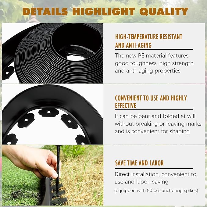 Landscape Edging 4 Inch Tall 80 FT, Garden Edging for Landscaping with 90 Pcs Anchoring Spikes & 5 Connectors, Flexible Garden Border Edging for Landscaping, Yard Lawn, Flower Beds