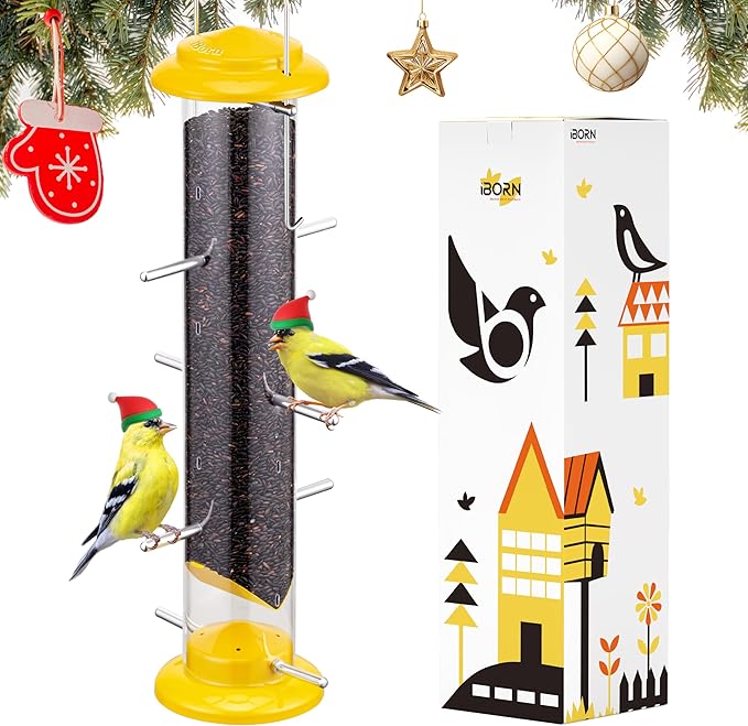iBorn Finch Feeders for Outside,Nyjer/Thistle Bird Feeder,14 Inch Tube Bird Feeders for Outdoors Hanging,Metal Finch Feeders for Thistle Seed with 12 Small Ports,8 Metal Perches,Yellow,Pack of 1