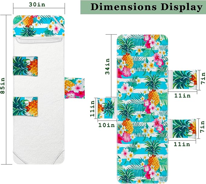 Lounge Chair Towel Cover, Beach Chair Cover (Pack of 2), Pool Lounge Chair Covers for Outdoor,Garden, Beach,Sun Lounger,Hotel Pool,Large Size and No Sliding, 85" X 30", Pineapple
