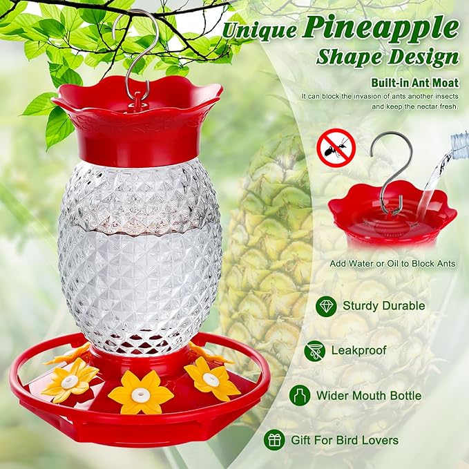 Fchstaer Glass Hummingbird Feeders for Outdoors Hanging Ant and Bee Proof 16OZ 2 Pack Clear Pineapple Humming Bird Feeder with 6 Feeding Ports and Ant Moat Hummingbird Gifts for Women Garden Decor