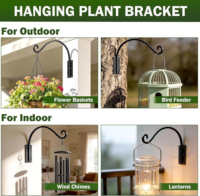Heavy Duty 16 Inch Plant Hangers Bracket Outdoor, 60lbs Weight Capacity, Metal Wall Hooks for Hanging Plants, Bird Feeder, Wind Chime, Wall Decor, Plant Hanger Hooks for Hanging Flower Baskets
