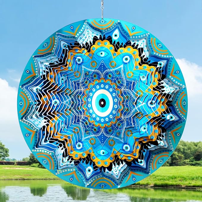 Aoedelyart Wind Spinners Outdoor Mandala Peacock Evil Eye‌,12In Stainless Steel Wind Spinner Hanging Garden Decor,Garden Gifts for Women,Men,Mother,Father,Wind Sculptures 3D Kinetic Yard Art Ornament