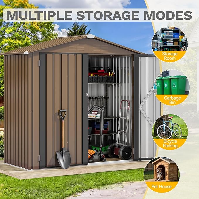 DWVO 6x4ft Small Tool Storage Shed, Lockable Doors, and Sloped Roof, Oversized Steel Outdoor Storage Shed for Garden, Patio, Garage, Backyard, Lawn - Brown