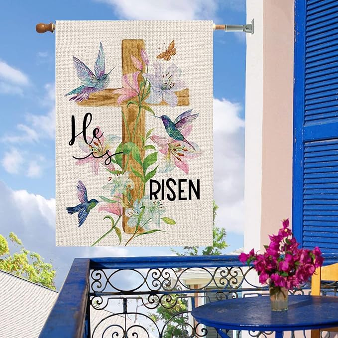 Easter Garden Flag Religious Cross Christian He is Risen Flower 28 x 40 Inch Burlap Double Sided Vertical Holiday Seasonal Spring Farmhouse Yard Outdoor Decorations