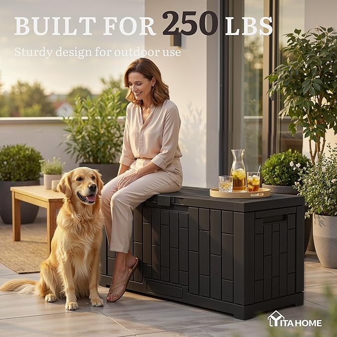 YITAHOME 60 Gallon Outdoor Storage Box, Large Water Resistant Resin Deck Box with Slide-Locking, Indoor Outdoor Bamboo-Textured Storage Container for Patio, Garden, Cushions, Tools, Equipment (Black)