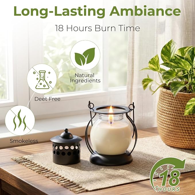 Citronella Candles Outdoor 3 Pack, DEET-Free Soy Wax Candles with Upgraded Metal Lantern Design, Long Burning Lemongrass Candles for Patio, Garden & Backyard Decor