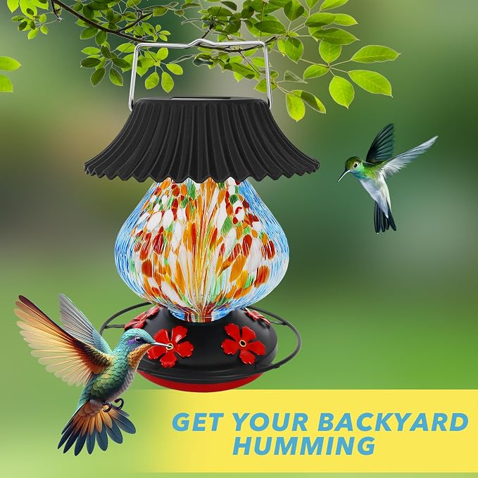 Solar Hummingbird Feeder-5 Feeding Ports with Perch, Hand Blown Glass Blue Spark Color Changing-Never Leak, Multicolor Night Lights – Perfect Hummingbird Feeder for Outdoors for Nature Enthusiasts