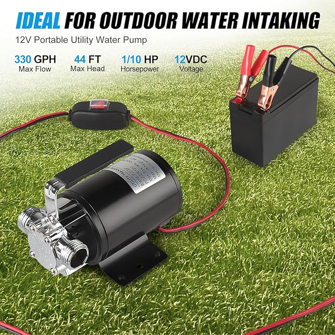Water Transfer Pump, 12V 1/10HP Electric Utility Pump with On/Off Switch 2 * 6 ft Water Hoses Kit for Removing Water from Garden Pools Aquariums Hot Tub Draining 1/8’’ Low Suction for Rain Barrel