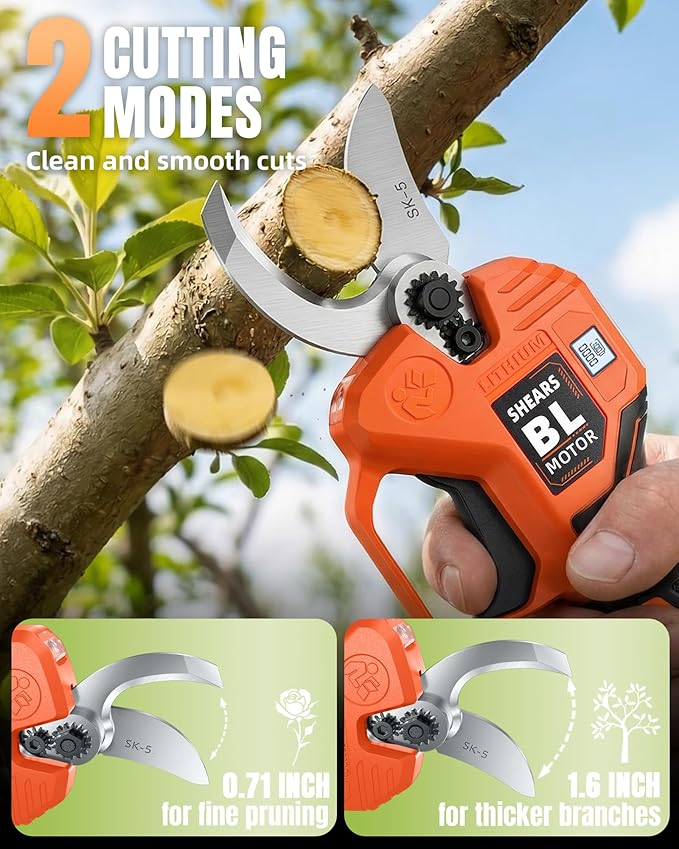 VOTREK® Electric Pruning Shears Cordless with 2 Batteries, [1.6'' Cutting Diameter] Professional Power Pruner, Garden Scissors for Tree Trimming Branch Cutter [SK5 Blades] [Brushless] [LCD Display]