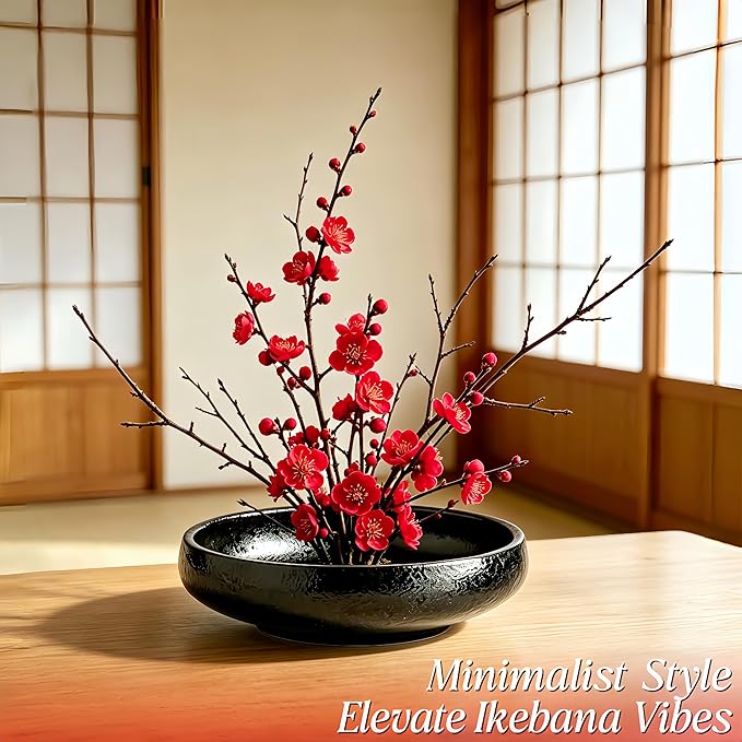 Japanese Ikebana Vase Kit, Flower Shallow Container Ceramics Ikebana Vase with 1.57inch Flower Frog and Floral Frog Floristry Kenzan Needle Straightening Tool (Frosted Bowl A with Spots)