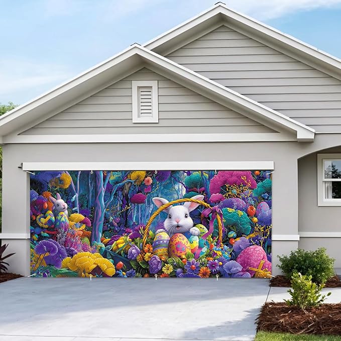 7 * 16FT Summer Garage Door Cover Decorations Sunset Palm Trees Garage Door Banner for Outdoor Indoor Summer Party Photography Backdrop (easter bunny, 7 * 16 ft)