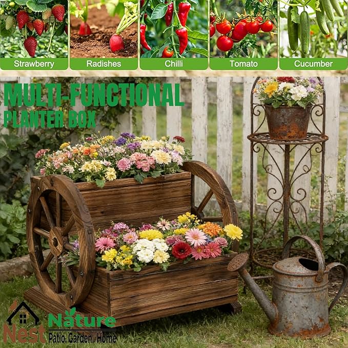 2 Tier Classic Wooden Wagon Planter Box|Outdoor Planter/Flower Pot for Indoor&Outdoor Plants-Rustic Garden Planter for Patio,Porch&Garden Decor- Raised Garden Bed for Succulents,Herbs,Vegetables