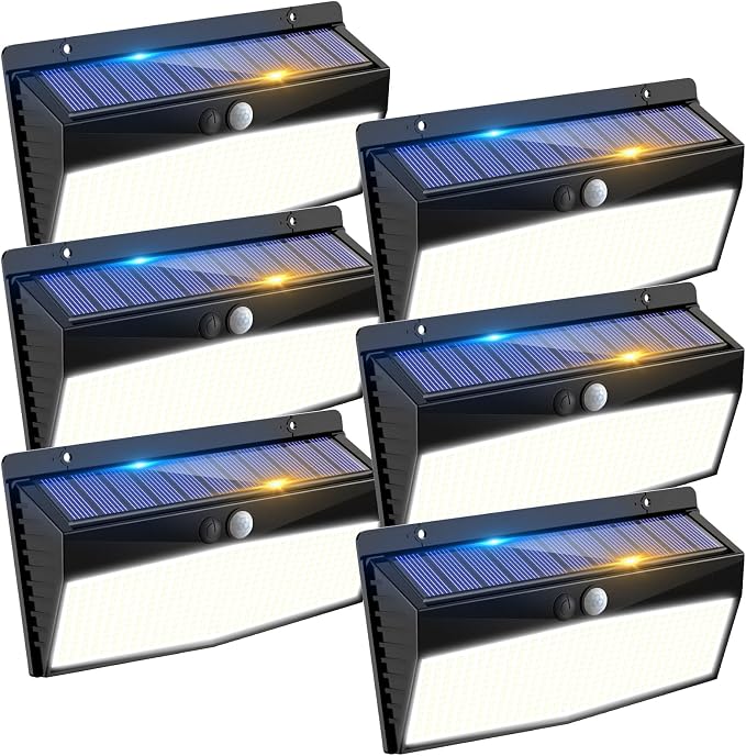 6 Pack 368 LED Solar Motion Sensor Lights Outdoor, Solar Fence Lights with 3 Lighting Modes, Solar Powered Security Lights Waterproof for Outside Yard Wall Garden Backyard Step Garage