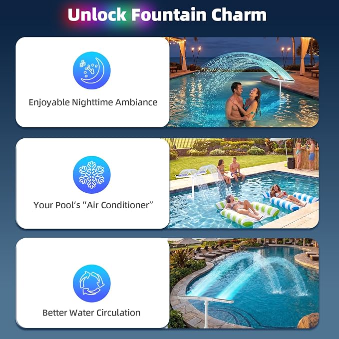 Solar Pool Fountain, 22'' Height Dual-Head Adjustable Spray, Auto Dusk Sensor & 6 Timer Option, Extended 8000mah Battery, 10-Color 4-Mode LED Lights, Pool Fountains for Inground/Above Ground Pools