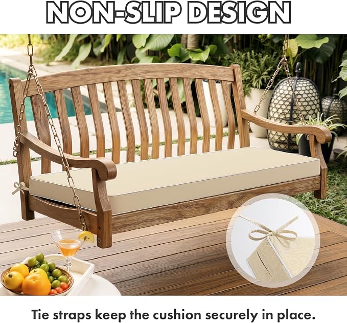 MIULEE Beige Outdoor Bench Cushion 48x18x3 Inch Waterproof 3-Year Color Fastness Patio Furniture Cushions for Porch Swing, Garden Bench Sofa Couch with Adjustable Ties No Slip Design