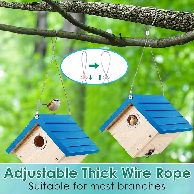 Dreyoo 2 Pack Wren House, 1-1/8'' Entrance Hole Hanging Wooden Wren Bird Houses for Outside with Metal Guard, Air Vents, Pine Wood for Chickadees (Blue,Wood Color)