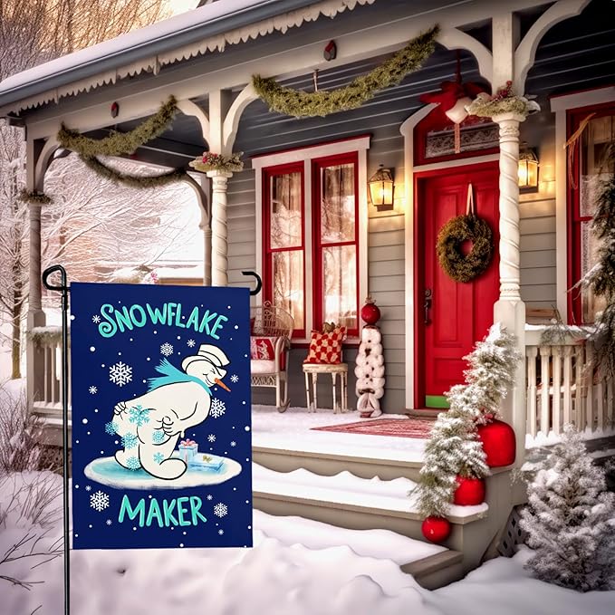 Winter Garden Flag Snowman Snowflake Maker Yard Flags Double Sided Christma Vertical Wall Banners Xmas Gift House Banner for Holiday Farmhouse Outdoor Decoration 12x18 Inch