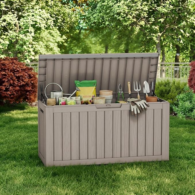 80 Gallon Deck Box, Waterproof Resin Outdoor Storage Box Lockable for Patio Furniture, Fade Resistant Patio Side Table & Organizer for Garden Tools, Pool Floats, Outdoor Cushions, Light Coffee