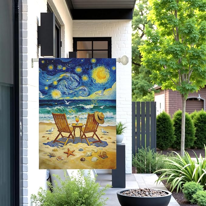 Beach Garden Flag Spring Summer Coastal House Flags Van Gogh Inspired Starry Night Style Ocean Seaside Chairs Yard Banner for Outside Lawn Patio Porch Seasonal Home Double Sided 28 x 40 Inch