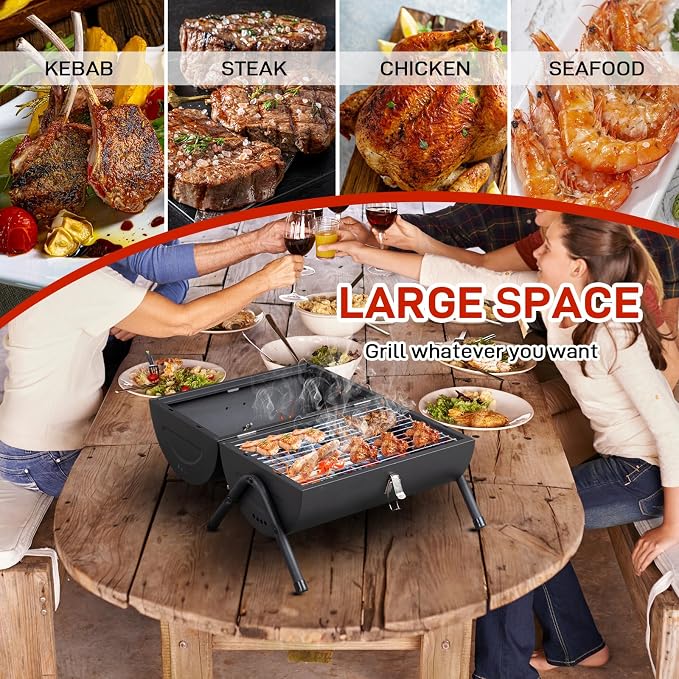Outvita Portable Charcoal Grill, Tabletop Multi-functional Barbecue Smoker, Small BBQ Grill for Outdoor Cooking Camping Hiking Picnic Garden Beach Party