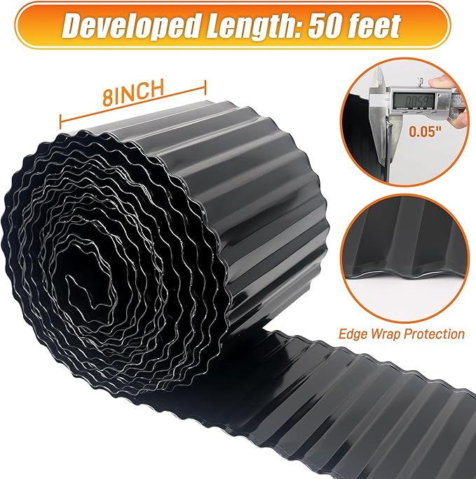 Quibbay Corrugated Metal Garden Edging, 8"×50Ft Landscape Edging Border for DIY Lawn, Flower Bed and Garden Fence, Metal Garden Edging for Landscaping, Yard and Tree Surrounds Borders, Black