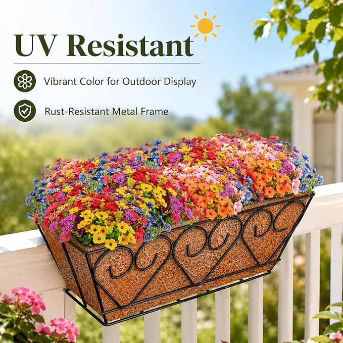ZeeDix 16 Inch Railing Planter Box with 12 Pack Artificial Fake Flowers | Fake Silk, UV Sun Resistant, Look Real Colorful Flowers for Deck Porch Patio Balcony Garden Home Outdoor Outside Decoration