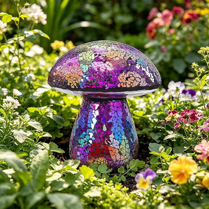 Bshine Mushroom Garden Statue Decoration, Colorful Mosaic Mushroom Sculptures Home Decor, Outdoor Waterproof Handmade Glass for Yard, Path, Lawn Ornaments or Gifts for Mom (Purple)