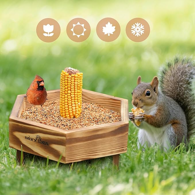 MIXXIDEA Ground Bird Feeder for Outdoors, Wooden Mesh Seed Tray for Bird Feeders, Great Attracting Garden Yard Decoration for Wild Birds Squirrels Chicken Dove, Brown