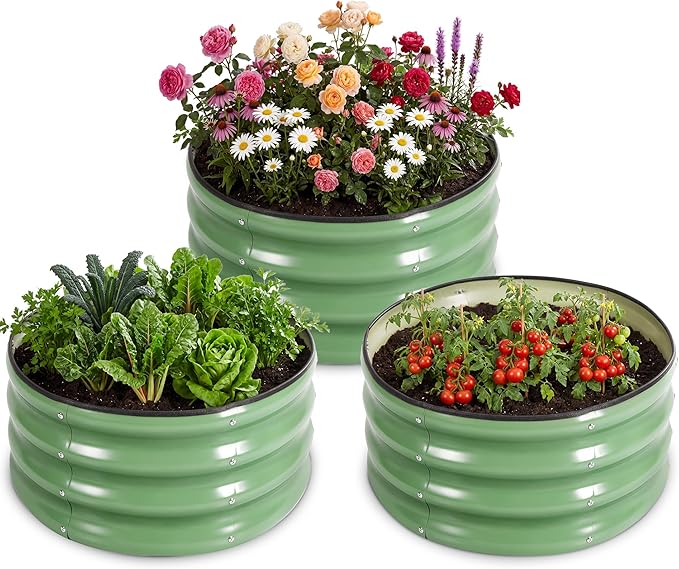 3 PCS Round Raised Garden Bed 2x2x1 ft, Metal Outdoor Planter Box Kit with Safety Rubber Edge, Easy Assemble Bottomless Small Planting Container for Vegetable, Flower, Fruit, Green