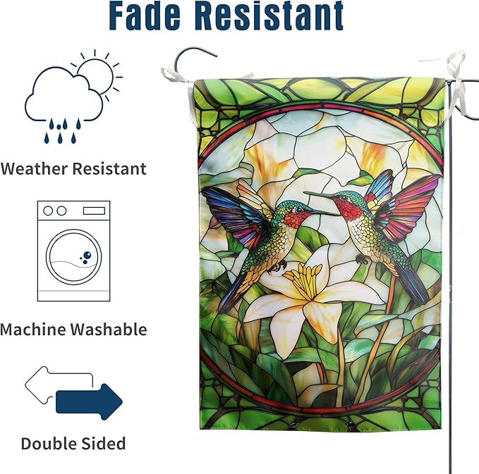 Stained Glass Hummingbird House Flag 28x40 Double Sided Large Decorative Flags For Outside Spring Floral Garden Flag Summer Flower Yard Flags for Lawn Porch Patio Decor