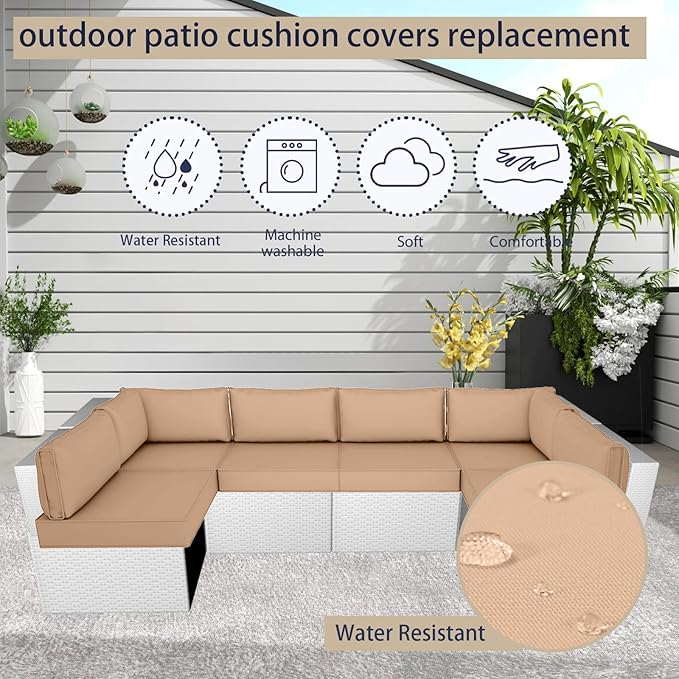 Outdoor Cushion Covers for Patio Furniture, Patio Cushion Covers Replacement with Zipper, Waterproof & Fade Resistant,Only Cover (Khaki, 25.6Lx25.6Wx4H - Only Covers)