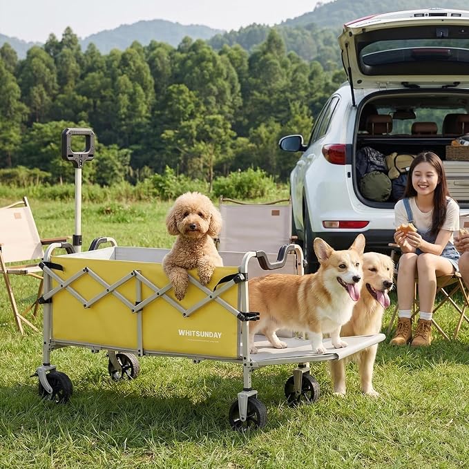 Collapsible Folding Wagon Cart, Heavy Duty Utility Wagons with Tailgate & Wheels,Portable Utility Cart for Camping,Garden,Beach,Sports Yellow