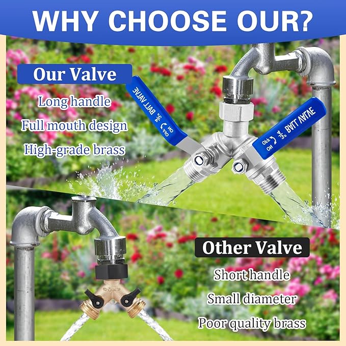 Garden Hose Splitter, 304 Stainless Steel 2 Way Heavy Duty Water Hose Splitter with Long Handle, Water Hose Y Spigot Splitter with Shutoff Valves, 3/4" GHT Thread Outdoor Faucet Splitter