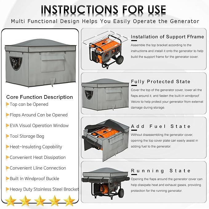 Generator Tent with Bracket, Generator Covers While Running, Waterproof Heavy Duty Tarps, Rooftop Design No Water Accumulation, 1680D+210D Double Layer, 28" x20" x20", Gray