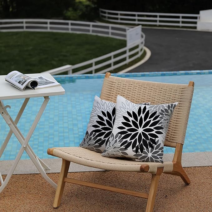 DFXSZ Black Grey Flower Pillow Covers 16x16 Inch Set of 2 White Gray Colored Throw Pillows Outdoor Waterproof Decor for Living Room Sofa Patio Funiture Garden Floral Polyester Pillow Covers 002I16