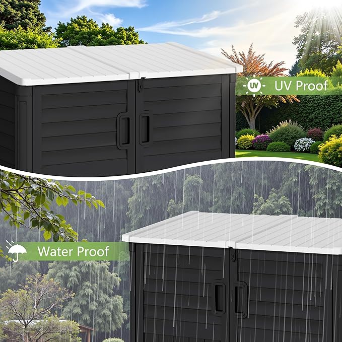 Greesum Outdoor Trash Can Storage Shed, 34 Cu.ft Horizontal Outdoor Storage Cabinet, Waterproof for Garden, Pool Storage, Garbage Cans, Black