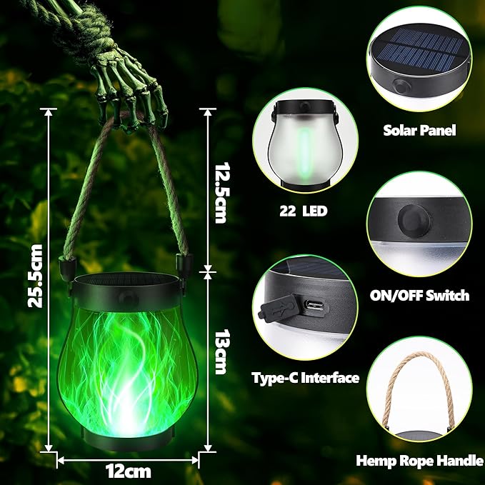 iBaycon 1 Pack Solar Lanterns Lights, Halloween Flickering Flame Garden Lights with 2 Modes Dual Charging USB & Solar, Outdoor Waterproof Hanging Lantern for Party Holiday Halloween Decor (Green)