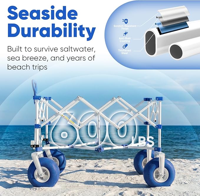Sekey Heavy Duty Beach Wagon with 9" Big Sand-Proof Wheels – 600lb Capacity, 200L Oversized Foldable Cart | Adjustable Handle & All-Terrain Tires for Sand, Camping