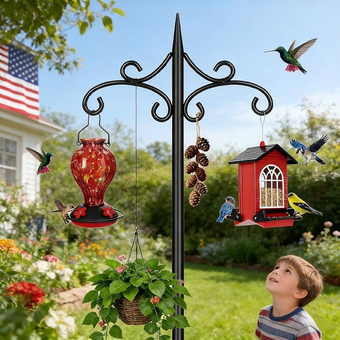 Heavy Duty Double Shepherd Hooks for Outdoor with 5-Prong Base, 72inch Adjustable Decorative Metal Bird Feeder Pole for Hanging Bird Nests, Plant Baskets, Solar Lights, Lanterns, 1 Pack