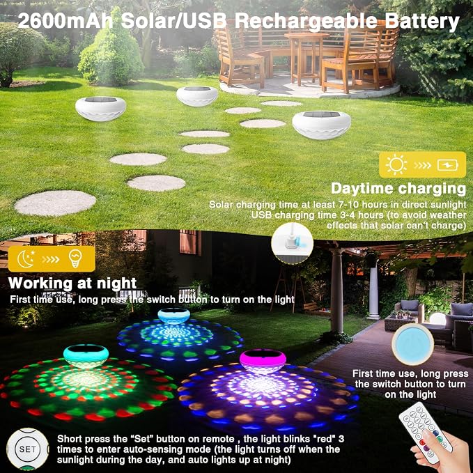 QOLNBY Solar Floating Pool Lights(2 PCS), USB Rechargeable 2600mAh Pool Lights with Remote, 6.69 Inch IP68 Waterproof RGB 6 Dynamic Modes Upper and Lower Glow Hangable Solar Floating Light for Garden