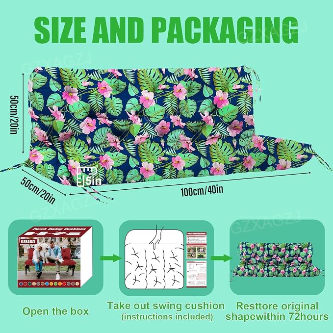 Porch Swing Cushions Outdoor 40x40 inch Waterproof Extra Thick 5" Swing Cushions Replacement with Backrest and Ties for Outdoor Furniture Porch Patio Garden Lawn (Rainforest Pattern)