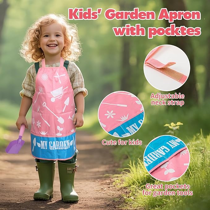 JOI MEW Kids Pink Gardening Tools Set, Garden Toys w/Metal Rake, Shovel, Trowel, Watering Can, Gloves, Tote Bag, Plant pots, DIY Bookmark Kits, Spring Summer Toy Outdoor Gift for Toddler Boy Girl