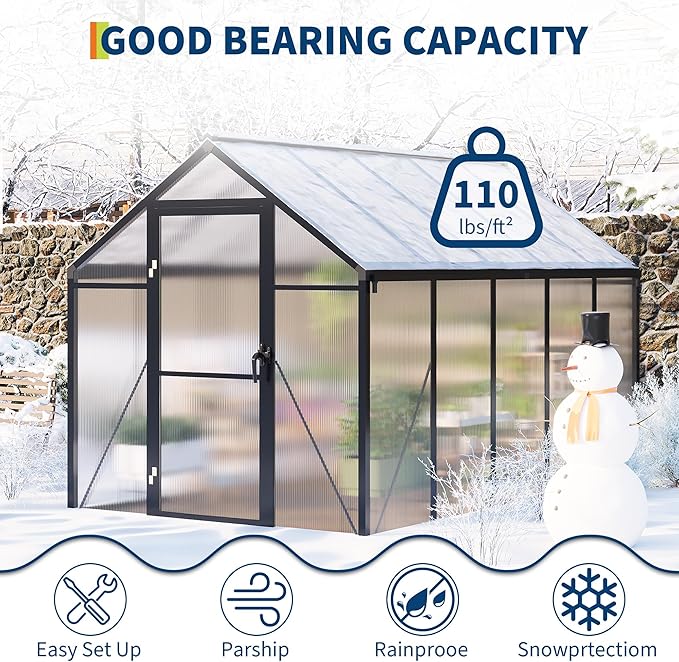 Garvee 6 x 10 ft Greenhouse, Greenhouses for Outside, Polycarbonate Greenhouse with Aluminum Frame, Lockable Door and Ajustable Roof Vent for Backyard, Green Houses for Outside Garden Backyard, Patio