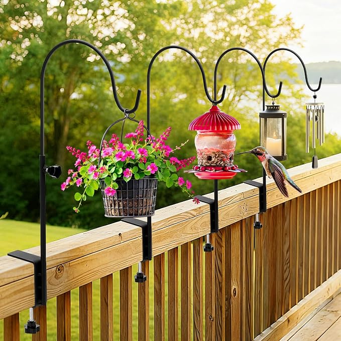 4 Pcs 16 Inch Deck Hook for Bird Feeder Deck Railing Plant Hanger with 3 Inch Strengthened Clamp Adjustable Outdoor Plant Holder for Hanging Bird Feeder Flower Pot Birdhouse