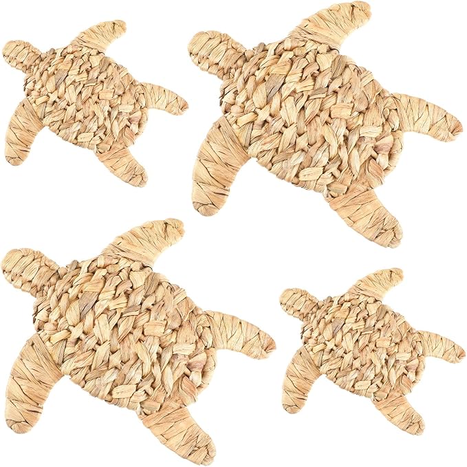 Threehoney 4 Pcs Sea Turtle Beach Theme Decor Handmade Wicker Turtle Wall Decor Sea Life Hanging Wall Art Coastal Nautical Sculpture Table Decoration for Boho Bathroom Indoor Outdoor Ornament