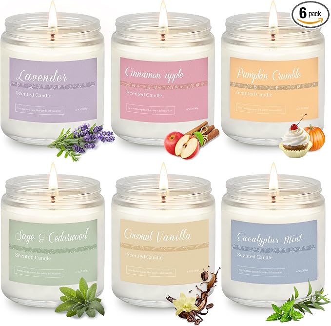 Scented Candles Gift Set,6 Pack Fall Scented Candles for Women Gifts Autumn Home Decor, Natural Non Toxic Soy Candle Set Pumpkin/Cinnamon Apple/Vanilla/Lavender/Sage/Eucalyptus