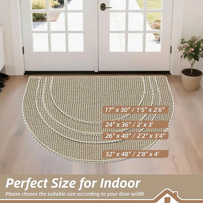 BEQHAUSE Dirt Trapper Door Mat 24" x 36" Half Circle Non-Slip Washable Doormats Entrance Rugs Absorbent Welcome Low Profile Floor Mats for Front Back Door and Entryway, Light Beige